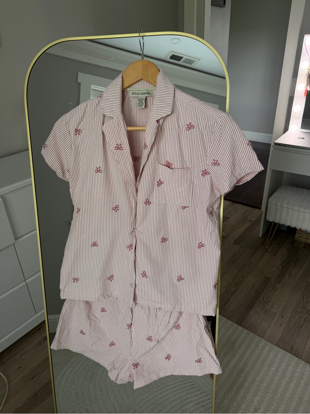 Indigo Pink and White Striped Button-Up Pajama Top with bows super cute